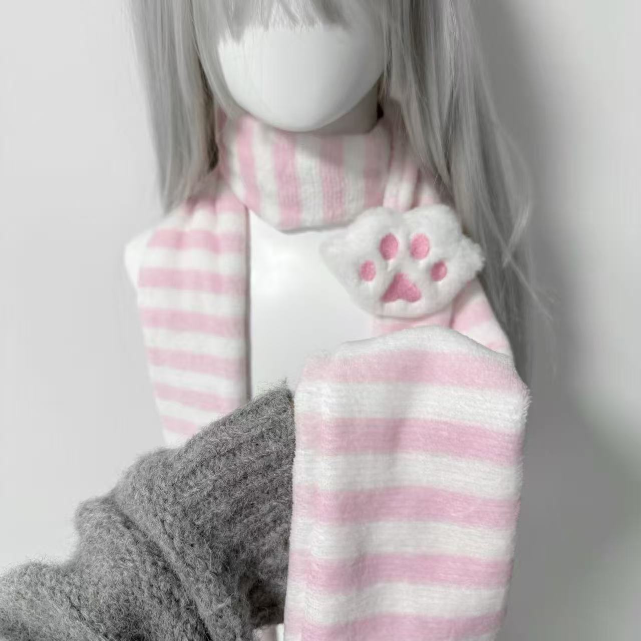 Cat Claw Bark - かわいいニーデッドスカーフ猫の足装飾ストライプスカーフ Y2K 秋冬かわいい保温スカーフサブカルチャーアクセサリー